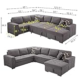 THSUPER Sectional Sleeper Sofa Bed with Storage Chaise, U Shape Oversized Sectional Couch with Pull Out Bed for Living Room Gray, 6 Seater Gray