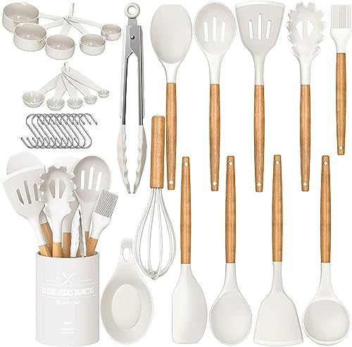 Umite Chef Kitchen Cooking Utensils Set, 33 pcs Non-stick Silicone Cooking Kitchen Utensils Spatula Set with Holder, Wooden Handle Silicone Kitchen Gadgets Utensil Set (Cream White)