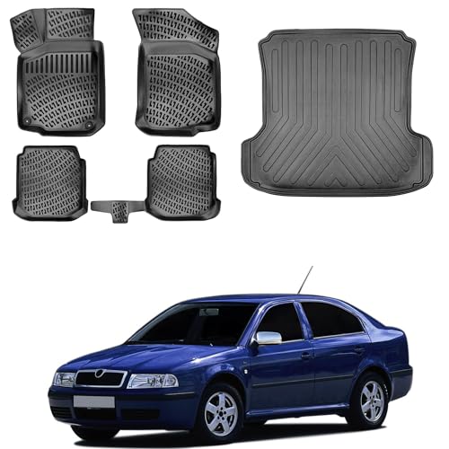 Floor Mats & Cargo Liner Set for Skoda Octavia A4 1996-2001 | Black TPE All Weather Custom Fit Floor Liner for 1st 2nd Rows and Trunk Car Mats