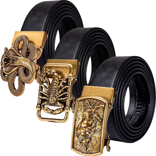Barry.Wang Mens Belt Novelty Buckle Ratchet Black Leather Boa Dinosaur Scorpion Gold