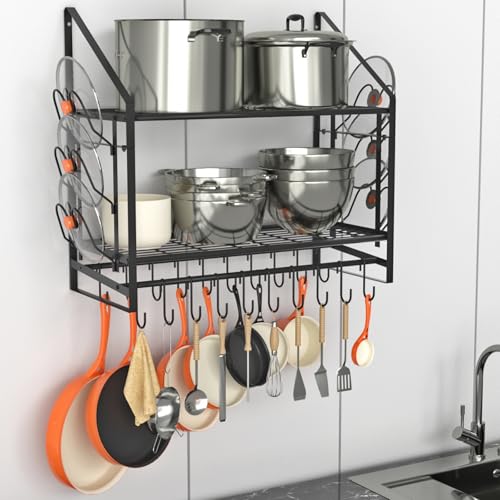 VyGrow 35 Inch Pot Rack Wall Mounted, 2 Tier Pots and Pans Organizer with 20 Hooks and 6 Pot Lid Holders, Heavy Duty Steel Pot and Pan Hanger for Kitchen Cookware Utensils Storage 34.7" Lx13 Wx26.4 H