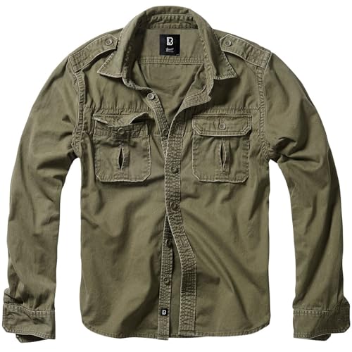 Brandit Men's Vintage Long Sleeve Shirt, with Button-Down Design, Front Pockets, Epaulettes, Raw Edges, Olive - X-Large