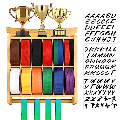 Tilhumt 12 Belts Karate Belt Display Rack with Trophy and Medal Display Rack, Taekwondo Belt Display Rack with Stickers, Martial Arts Belt Display for Kids and Adults