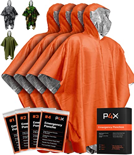 PREPARED4X Emergency Poncho and Mylar Blanket Liner - Heavey Duty, Waterproof, Wind-Resistant Green Outdoor Rain Poncho for Camping and Car Emergencies - 4 Pack (Orange)