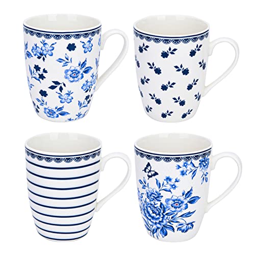 Vintage Blue Coffee Tea Bone China Mugs Set of 4 Floral Country Round Piece Microwave Safe