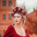 COSUCOS Handmade Rose Halo Crown - Fantasy Renfaire Red and Pink Flower Headpiece with Crystal Spiked Greek Goddess Headband for Women Fairy Elf Hair Hoop Cosplay Renaissance Halloween Wedding