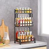 WonCherry Spice Rack Organizer Free Standing, 3 Tier Kitchen Countertop Seasoning Organizer Shelf for Cabinet Spice Storage, Metal Kitchen Bathroom Pantry Counter Storage Shelf with 4 Hooks, Black