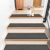 GOYLSER Jute Stair Carpet Treads Non Slip with Rubber Backed,15Pcs Black Stair Mats Stair Protectors for Carpeted Stairs, Easy Clean Indoor Basement Safety Stick On Stair Treads Carpet, 30"X8"