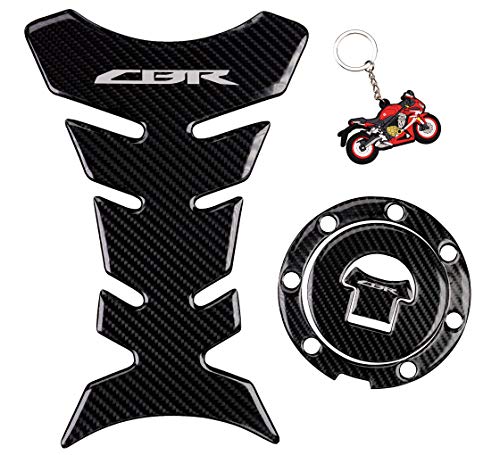 REVSOSTAR Real Carbon Look, Fuel Gas Tank Cap, Protector Pad, Tank Pad Decal Stickers, Tank Protector with Keychain for CBR600RR 2003-2015 CBR1000RR 2004-2015, 3PCS Per Set (SILVER)