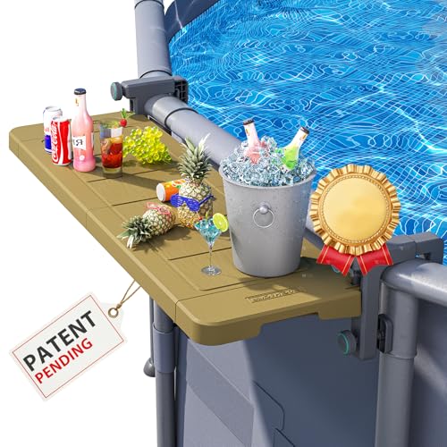 POOLHACKER Poolside Bar, [Original] Swim Up Bar Exclusively for Above-Ground Round Pools. Patio Poolside Table Smart Fold Easy Maintenance, Weather Resistant Stable Tabletop (Amber Brown)