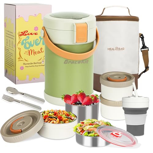 GraceKit 67oz Adults Thermo for Hot Food Kit- 3-Layer Stainless Steel Vacuum Soup Food Thermo Hot Food Jar Bento Box for Men, Women, Suitable insulated Lunch Box for 12+ Camping, Office & Travel Use