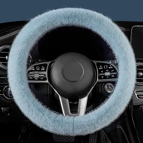 LACDL Fuzzy Winter Steering Wheel Covers for Women, Warm Cute Fluffy Car Wheel Cover for Sedan SUV, Super Soft Furry Girly Auto Plush Car Handle Cover for Cold Weather, Blue, 14-15inch, Standard Size