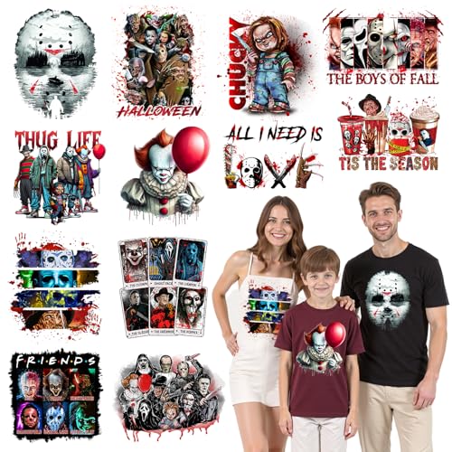 12 Sheets Halloween DTF Transfers Ready to Press Iron on Transfers for T-Shirts,Horror Movie Iron on Patches for Halloween Shirt Halloween Clothes DIY Craft,Heat Transfer Vinyl Stickers Iron on Decals