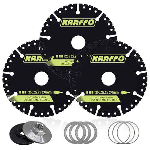 5 Inch Diamond Cutting Blade 7/8" Arbor with 2PCS M14 Lock Nut, 3PCS Cutting Disc, Metal, Rebar, Steel, Iron, Concrete, Brick - KRAFFO Angle Grinder Compatible