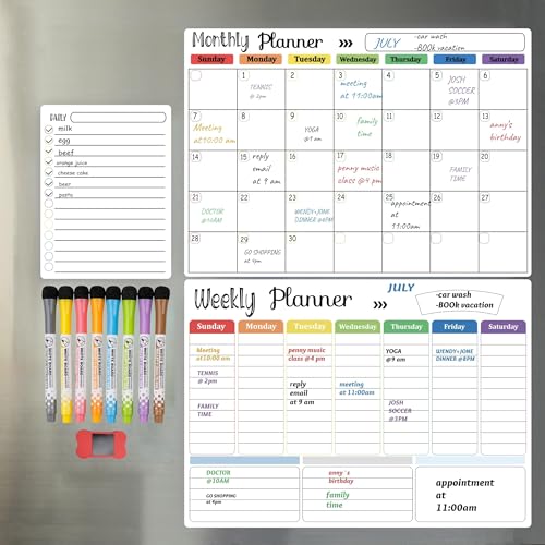 Hivillexun Magnetic Dry Erase Calendar Whiteboard Set (3-Pack) for Fridge, Wall, and Refrigerator Organization – Monthly, Weekly, and Daily Planners with 8 Markers and Eraser