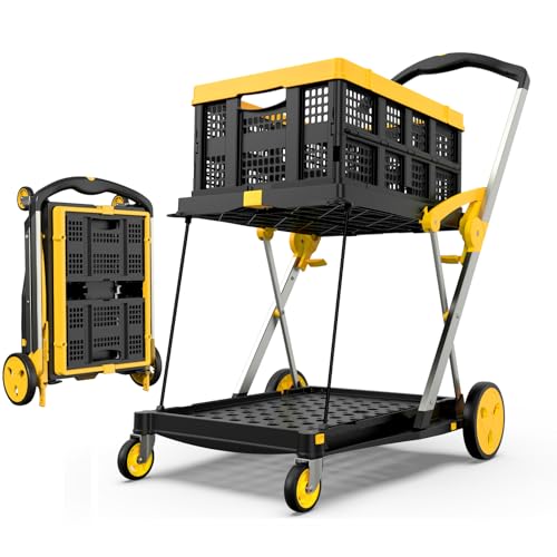 TOLRET Collapsible Shopping Cart with Wheels, 200 lbs Capacity Grocery Cart on Wheels with Storage Crate, Platform Hand Truck with Foot Brake, Yellow