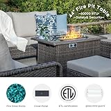 6 Peices Outdoor Patio Furniture Set with 44" Gas Fire Pit Table, PE Wicker Swivel Rocking Chairs Conversation Sets with 4.3" Cushion, High Back Sectional Sofa with Gilder Chair for Yard Garden Porch