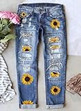 Astylish Women Sunflower Patchwork Destroyed Raw Hem Stretch Loose Boyfriend Ankle Jeans Classic Ripped Hole Denim Pants X-Large