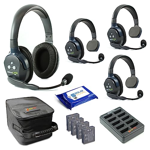 Eartec UL431 Ultralite Full Duplex Wireless Headset Communication for 4 Users - 3 Single Ear and 1 Dual Ear Headsets with SolidSignal Cleaning Wipes Bundle