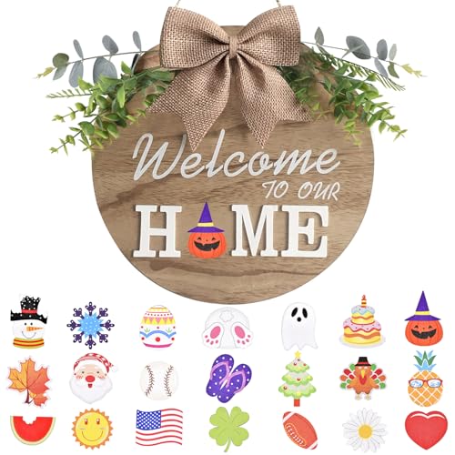 Interchangeable Welcome Home Sign, Seasonal Front Porch Door Decor With 21 Changeable Icons for Halloween /Christmas/Independence Day, Rustic Wood Wreaths Wall Hanger for Housewarming Gift (12in)