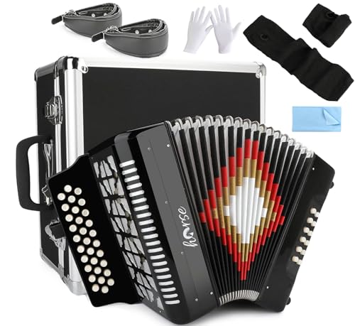 Horse 31 Key Accordion,12 Bass 3-Row F/B/E Diatonic Accordions Instruments for Adults with Case, Gloves, Cleaning Cloth, Oversleeves, and Straps, Acordeón Acordeones Para Beginners to Professionals