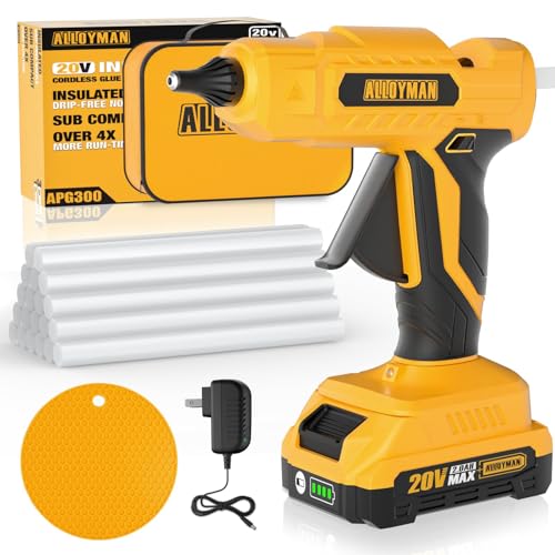 ALLOYMAN 20V Cordless Hot Glue Gun, Drip-Free Fast Heating Hot Melt Glue Gun Tool, with 20 PCS Full Size Glue Sticks, for Arts Crafts & DIY Gifts