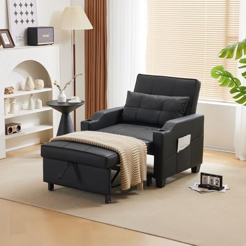 VINGLI Sofa Bed Chair Recliner, 3-in-1 Convertible Sleeper Sofa Chair Bed Black Daybed Pull Out Couch Bed with Adjustable Backrest, USB Ports, Cup Holders for Small Spaces Living Room