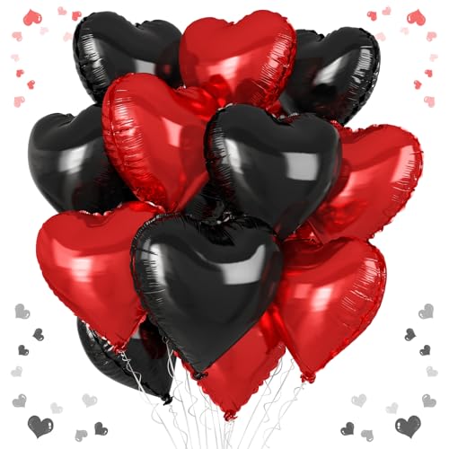Red Black Heart Balloons, 18 Inch Red and Black Heart Shape Balloon, 12PCS Black Red Helium Foil Love Heart Balloon for Birthday Bridal Shower Engagement Wedding Valentine Party Decorations