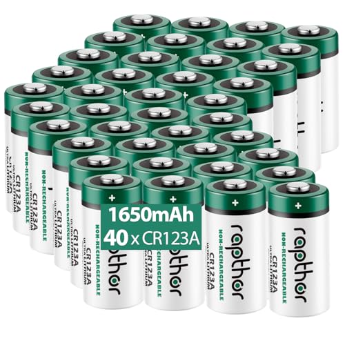 rapthor 40 Pack CR123A 3V Lithium Batteries 1650mAh CR123 123A CR17345 3 Volt Photo Battery 123 Industrial Bulk (Non-Rechargeable)