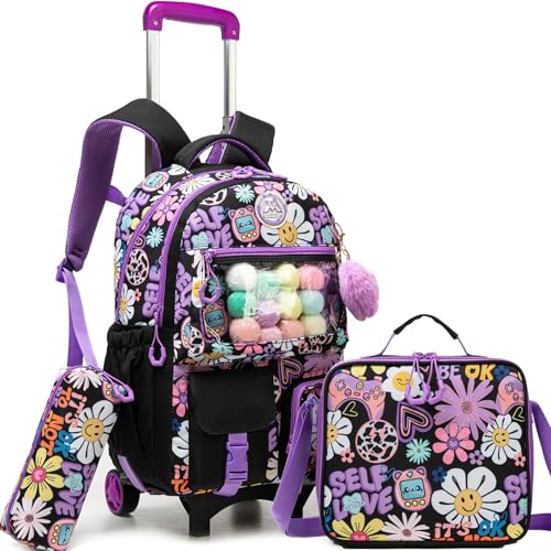 ZBAOGTW Cute Rolling Backpacks with Wheels for Girls Aesthetic Rolling Backpack for Elementary with Lunch Box School Trolley Backpack for Girls School Supplies
