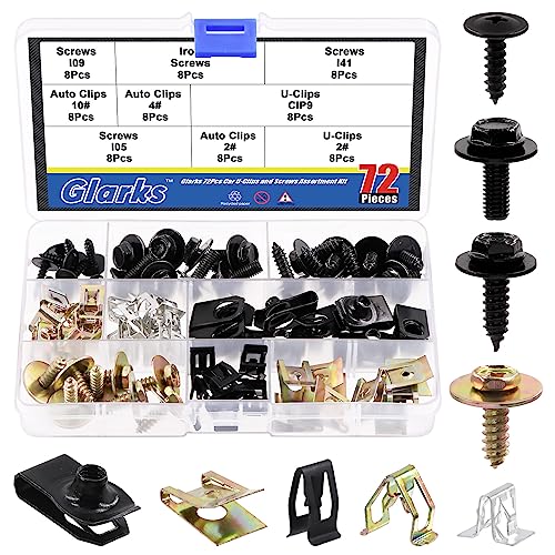 Glarks 72Pcs U-Clips and Body Bolts Screws Assortment Kit 9 Sizes Auto Car Clips Fasteners with Screws U Nuts Interior Trim Clips Self Tapping Screw Body Bolts Screw for Bumper Fender Trim Panels