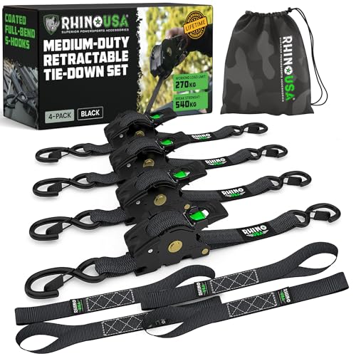 Rhino USA Retractable Ratchet Straps (4-Pack) - 1 Inch x 10 Feet (1,209lb Break Strength) - Heavy Duty Auto Self Retracting Tie Down Straps for Truck, Cargo Trailer, Motorcycle, Rad & More - Black