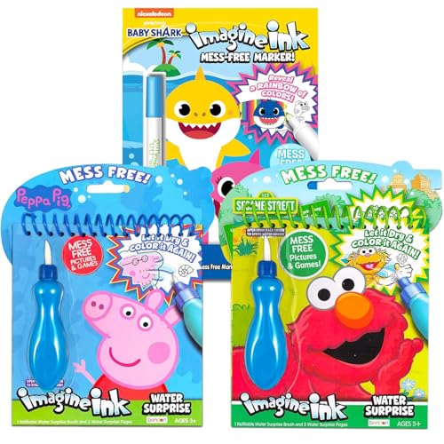 Paint with Water Super Set for Toddlers, Kids - Bundle with 3 Mess Free Books with Water Surprise Brushes Featuring Baby Shark, Sesame Street, and Peppa Pig