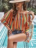 Verdusa Women's Off Shoulder Shirred Half Sleeve Loose Striped Blouse Shirt Top Multicolor M