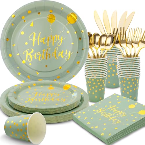 175 Pcs Sage Green Birthday Decorations - Sage Green Birthday Plates and Napkins Party Supplies Serve 25 Guests - Sage Green and Gold Birthday Paper Plates for Girls Women Happy Birthday Party Decor