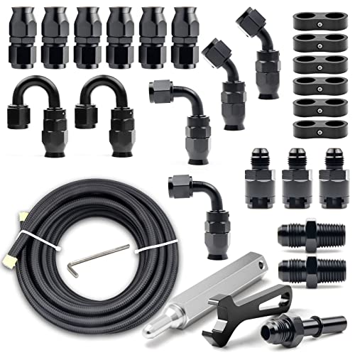 Medoon 6AN PTFE Fuel Line Kit, Nylon Stainless Steel Braided Fuel Hose, LS Swap EFI E85 Injection Fuel PTFE Fitting 3/8" 26FT