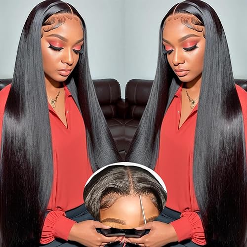 Tscom Wear and Go Glueless Wigs Human Hair Pre Plucked Pre Cut 220 Density 5x5 HD Lace Closure Wigs Human Hair for Women 40 Inch Straight Human Hair Wigs with Baby Hair Bleached Knots