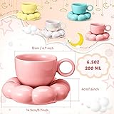 Sumind Ceramic Coffee Mug with Sunflower Coaster Ceramic Cloud Mug Creative Cute Cup Flower Cup Saucer Set Pearl White Yellow Blue Pink 6.5oz/ 200ml for Office Home Coffee Tea Latte Milk(4 Sets)