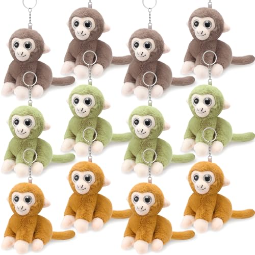 Motionchic 12 Pcs Adorable Monkey Mini Stuffed Animal Keychain Bulk 4 Inch Small Animal Plush Ornament Soft Adorable Jungle Toys for Graduation Birthday Forest Party Favors Backpack Decor