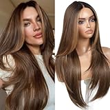 ENCOUNTERU Brown and Blonde Highlight Wear and Go Glueless Wig with Bangs Layered Pre Plucked Pre Cut HD Lace Front Synthetic Wigs for Women Ready to Wear Middle Part 26 Inch