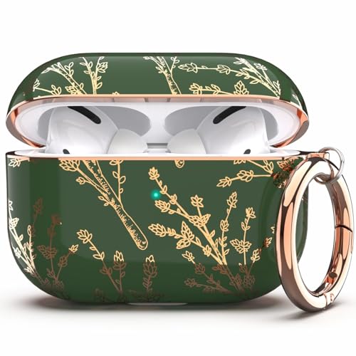 TATOFY Case Cover for AirPods Pro 2019,Stylish AirPods Pro Case for Women Girls, Flower Patterns Protective Hard Case with Clip (Golden Green)