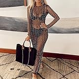 Honganda Sexy Women's Sheer Mesh Pearl Rhinestone Beach Cover Up Dress See Through Maxi Dress for Bachelorette Party Black