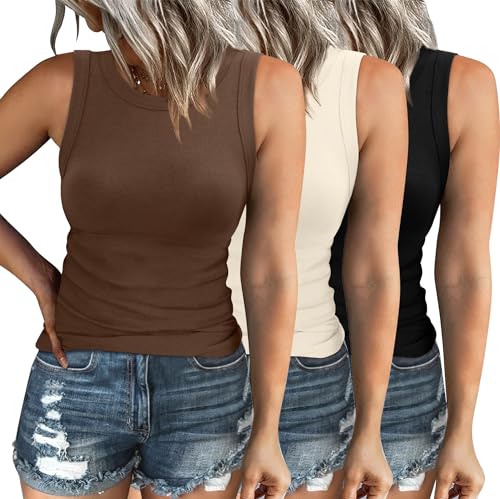 XIEERDUO Womens Tank Tops Summer Crew Neck Sleeveless Casual High Neck Solid Color Basic Shirts Black Beige Brown S