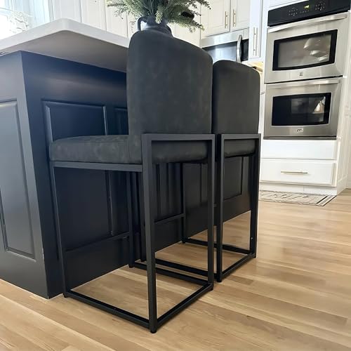 PHI VILLA Black Leather Bar Stools Set of 2, Counter Height Bar Chairs, 24 inch Kitchen Modern Bar Stool with Back
