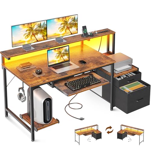 AODK 48" Computer Desk with Fabric File Cabinet and Drawer, Reversible Office Desk with Power Outlet and LED Light, Study Desk with Printer Stand, Keyboard Tray, Monitor Riser and PC Stand, Vintage
