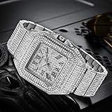 Gosasa Fashion Hip Hop Men's Crystal Watch Bling Bling Iced Out Watch Rectangle Case Stainless Steel Quartz Analog Bracelet Wristwatch (Silver)