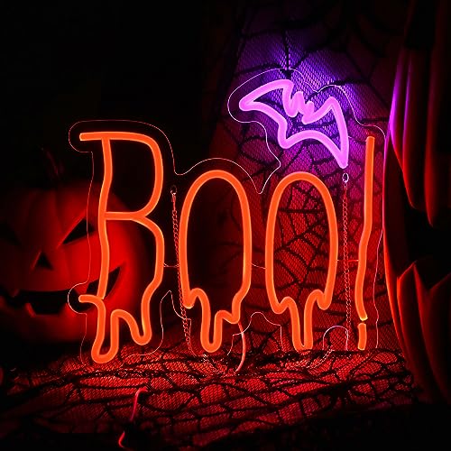 Halloween Neon Sign, Orange Purple BOO Bat Neon Light Up Sign for Halloween Party Decorations, Dimmable Neon Halloween Led Sign for Wall Decor, Spooky Boo Neon Sign for Trick or Treat Party Backdrop