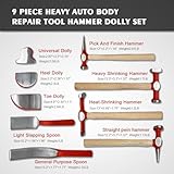 PASBAS 9 piece auto body repair tool, carbon steel body fender tool, body hammer dent body car body repair tool kit, genuine hickory handle steel dolly set, heavy duty performance tool