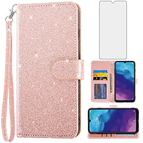 Asuwish Phone Case for ZTE Blade A7 Prime/A 7 2020 with Tempered Glass Screen Protector and Glitter Wallet Cover Card Holder Slot Kickstand Cell Accessories Protective Flip A7Prime 7A Women Men Pink