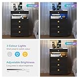 Lvifur LED Nightstand with Gun Drawer, Glass Top Bedside Table with Wireless Charging Station, LED Night Stand with Human Sensor Design, Modern End Table for Bedroom Living Room (Black)